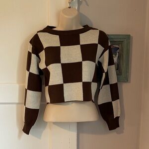 H&M Brown and White Checkered Knit Sweater Crop Cropped Blocks